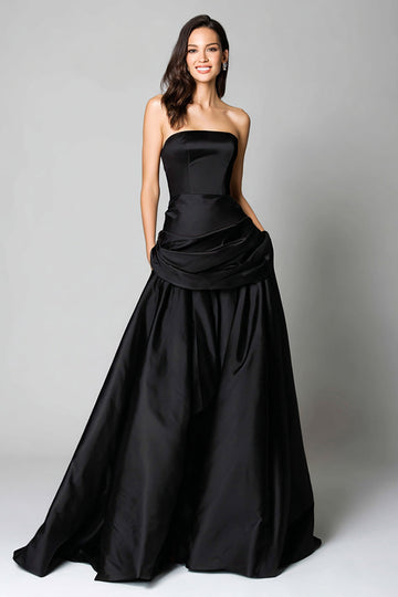 Noir A Line Satin Robe Longue Formelle Sans Bretelles